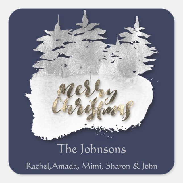 Merry Christmas Grey Silver Navy Holidays Name 3D Square Sticker (Front)