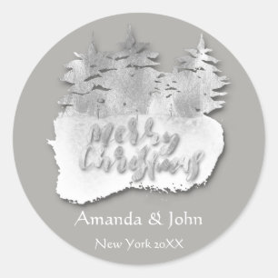 Merry Christmas Grey Silver Ombre Holidays Name 3D Classic Round Sticker