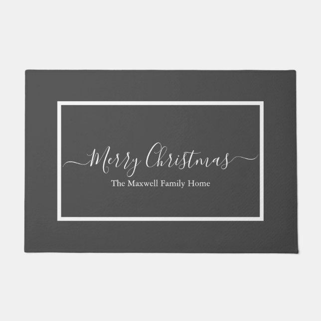Merry Christmas grey white family name  Doormat (Front)