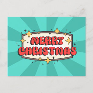 Merry christmas groovy text, happy retro cartoon postcard