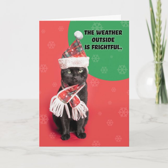 Merry Christmas Grumpy Black Cat in Hat and Scarf Holiday Card (Front)