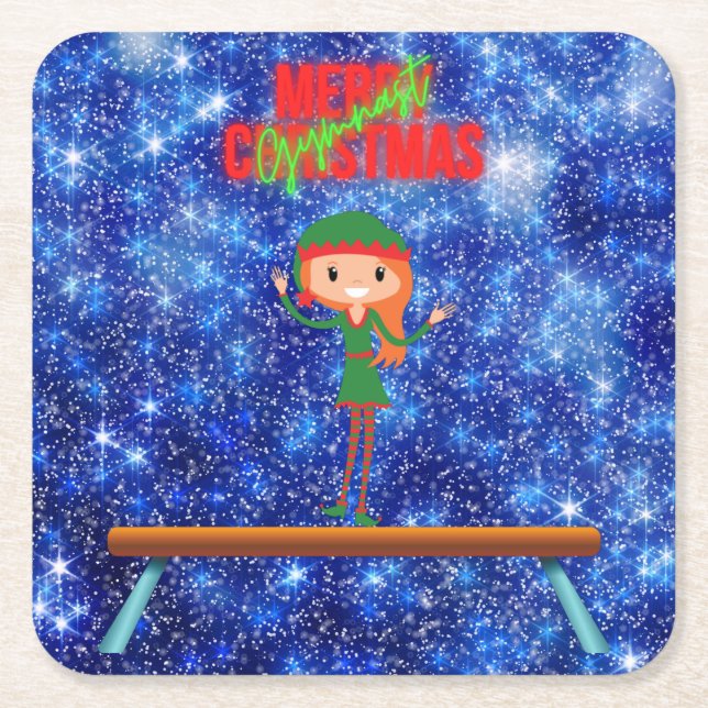 Merry Christmas Gymnast Elf Square Paper Coaster (Front)