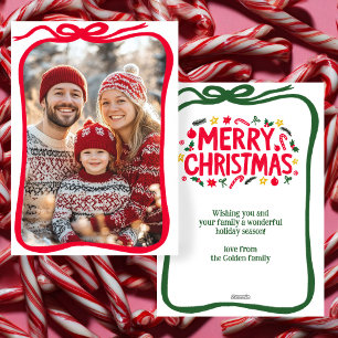 Merry Christmas Hand-Drawn Bow CUSTOM PHOTO  Holiday Card