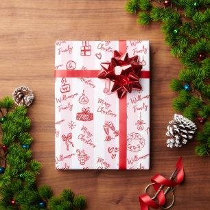 Merry Christmas Hand Drawn Doodle Pink Stripe Name Wrapping Paper