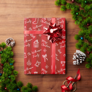 Merry Christmas Hand Drawn Doodle Red Stripes Name Wrapping Paper