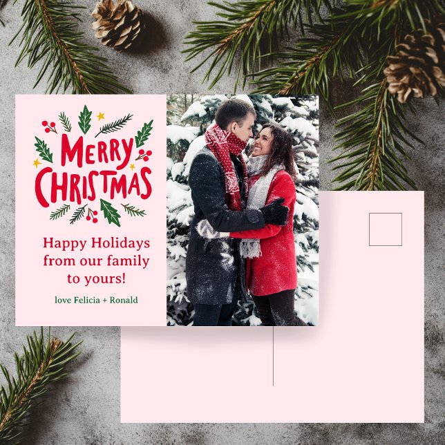 MERRY CHRISTMAS Hand-Drawn Holiday CUSTOM PHOTO Postcard (MERRY CHRISTMAS Hand-Drawn Holiday CUSTOM PHOTO  Lettering Postcard
)