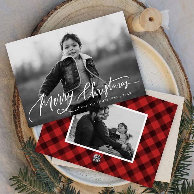 Merry Christmas Hand-Lettered Script 2 Photo Holiday Card (Creator Uploaded)