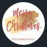 Merry Christmas Hand Lettered Script Christmas Classic Round Sticker<br><div class="desc">Merry Christmas custom Hand Lettered Script Sticker with a faux glitter brush of gold. The  text of this hand lettered brush script can be updated and customised with your family name.</div>
