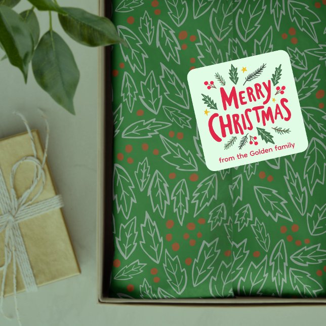 MERRY CHRISTMAS HandDrawn Holiday Whimsical CUSTOM Square Sticker (MERRY CHRISTMAS Hand-Drawn Holiday Whimsical CUSTOM TO FROM Square Sticker
)