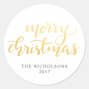 Merry Christmas Handwritten Faux Gold Foil Holiday Classic Round Sticker