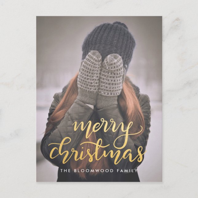 Merry Christmas Handwritten Faux Gold Script Photo Holiday Postcard (Front)