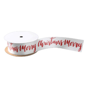 Merry Christmas Handwritten Red Script Holiday Satin Ribbon