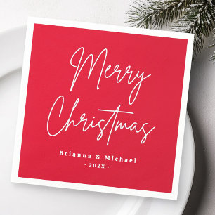 Merry Christmas handwritten script custom name red Napkin
