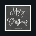 Merry Christmas | Handwritten Script on Chalkboard Napkin<br><div class="desc">These simple and trendy holiday paper napkins say "Merry Christmas" in rustic,  white handwritten script on a black,  chalkboard look background.</div>
