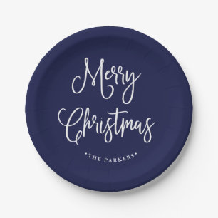 Merry Christmas   Handwritten Script on Navy Blue Paper Plate