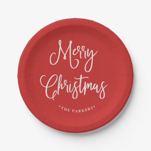 Merry Christmas   Handwritten Script on Red Paper Plate