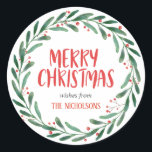 Merry Christmas Handwritten Script | Wreath Classic Round Sticker<br><div class="desc">Merry Christmas Handwritten Script | Wreath</div>