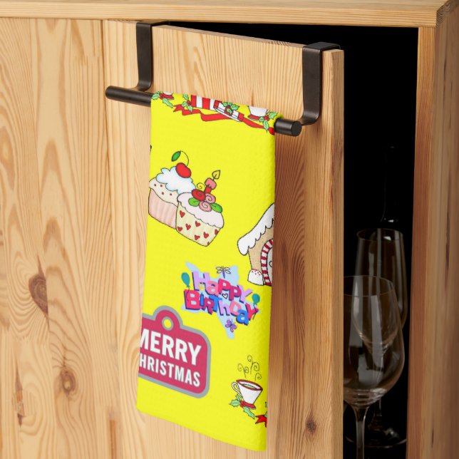 Merry Christmas Happy Birthday Kitchen Hand Towel (Thirds Fold)