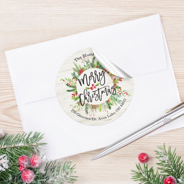 Merry Christmas Happy Holiday Holly Wreath Address Classic Round Sticker (Creator Uploaded)