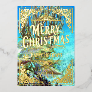 Merry Christmas Happy Holidays Fish and Coral Gold