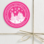 Merry Christmas Happy Holidays Winter Personalised Classic Round Sticker<br><div class="desc">Merry Christmas Happy Holidays Winter Personalised Name Stickers Labels features the text "Merry Christmas and Happy Holidays" in modern white script on a pink background and personalised with your name surrounding a home with Christmas trees and snowflakes. Perfect for Christmas party favours and Holiday gifts or in the office for...</div>