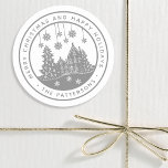 Merry Christmas Happy Holidays Winter Personalised Classic Round Sticker<br><div class="desc">Merry Christmas Happy Holidays Winter Personalised Name Stickers Labels features the text "Merry Christmas and Happy Holidays" in modern silver script and personalised with your name surrounding a home with Christmas trees and snowflakes. Perfect for Christmas party favours and Holiday gifts or in the office for products or mail. Designed...</div>