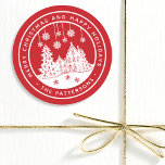 Merry Christmas Happy Holidays Winter Personalised Classic Round Sticker<br><div class="desc">Merry Christmas Happy Holidays Winter Personalised Name Stickers Labels features the text "Merry Christmas and Happy Holidays" in modern white script on a red background and personalised with your name surrounding a home with Christmas trees and snowflakes. Perfect for Christmas party favours and Holiday gifts or in the office for...</div>