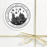 Merry Christmas Happy Holidays Winter Personalised Classic Round Sticker<br><div class="desc">Merry Christmas Happy Holidays Winter Personalised Name Stickers Labels features the text "Merry Christmas and Happy Holidays" in modern black script and personalised with your name surrounding a home with Christmas trees and snowflakes. Perfect for Christmas party favours and Holiday gifts or in the office for products or mail. Designed...</div>
