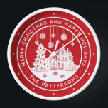 Merry Christmas Happy Holidays Winter Personalised Clock<br><div class="desc">Merry Christmas Happy Holidays Winter Personalised Name Clocks features the text "Merry Christmas and Happy Holidays" in modern white script on a red background and personalised with your name surrounding a home with Christmas trees and snowflakes. Perfect for Christmas party favours and Holiday gifts. Designed by ©Evco Studio www.zazzle.com/store/evcostudio</div>