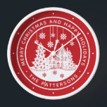 Merry Christmas Happy Holidays Winter Personalised Clock<br><div class="desc">Merry Christmas Happy Holidays Winter Personalised Name Clocks features the text "Merry Christmas and Happy Holidays" in modern white script on a red background and personalised with your name surrounding a home with Christmas trees and snowflakes. Perfect for Christmas party favours and Holiday gifts. Designed by ©Evco Studio www.zazzle.com/store/evcostudio</div>