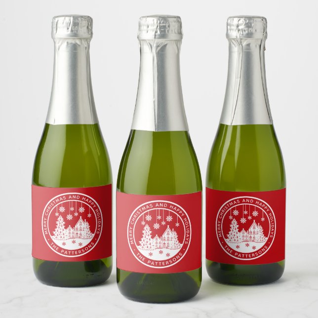 Merry Christmas Happy Holidays Winter Personalised Sparkling Wine Label (Bottles)