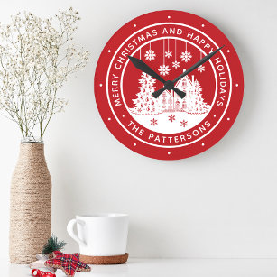 Merry Christmas Happy Holidays Winter Personalized Round Clock