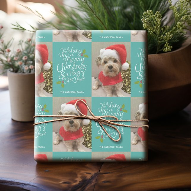 Merry Christmas Happy New Year - 1 Photo Whimsical Wrapping Paper (Personalized Photo Wrapping Paper)