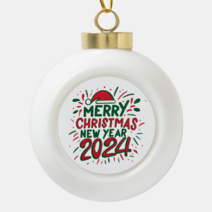 Merry Christmas Happy New Year 2024 Ceramic Ball Christmas Ornament
