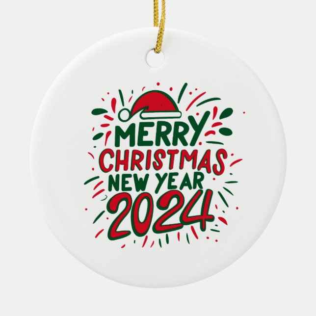 Merry Christmas Happy New Year 2024 Ceramic Tree Decoration (Front)
