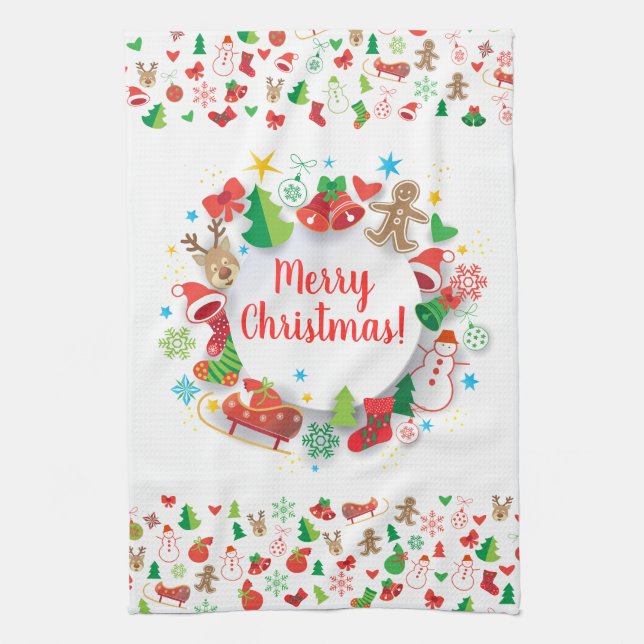 Merry Christmas & Happy New Year 2024 XMAS Snowman Tea Towel (Vertical)