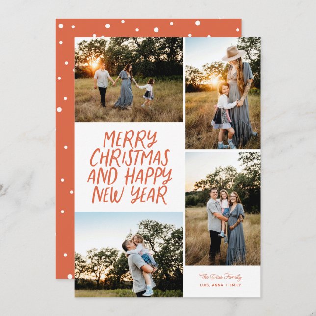 Merry Christmas Happy New Year 4 Photo Collage Red Holiday Card (Front/Back)