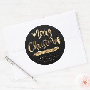 Merry Christmas Happy New Year Black and Gold Classic Round Sticker