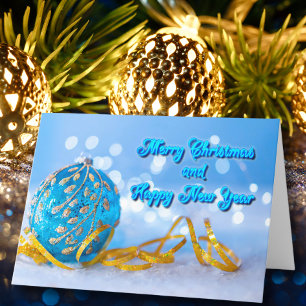 Merry Christmas Happy New Year Blue Gold Ornament Holiday Card