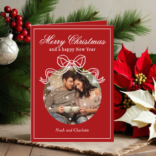 Merry Christmas Happy New Year Coquette Bow Photo Holiday Card