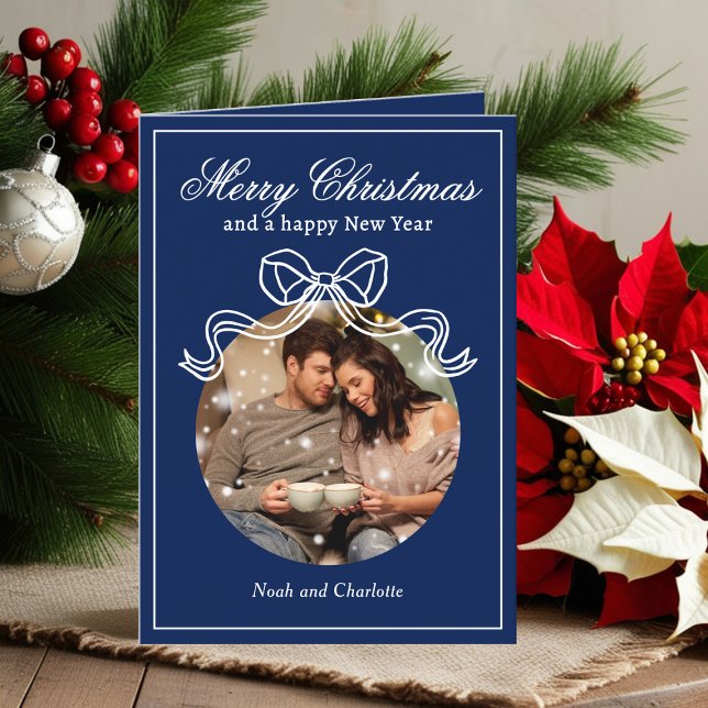 Merry Christmas Happy New Year Coquette Bow Photo Holiday Card (Creator Uploaded)