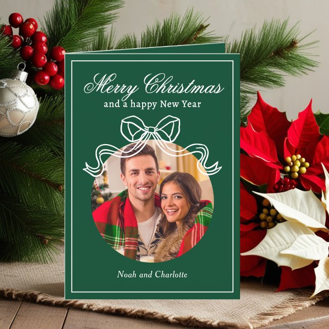 Merry Christmas Happy New Year Coquette Bow Photo Holiday Card (Creator Uploaded)