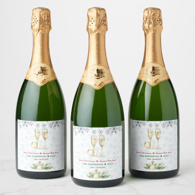 Merry Christmas Happy New Year Crystal Snowflakes Sparkling Wine Label (Bottles)