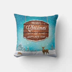 Merry Christmas Happy New Year Deer Cushion