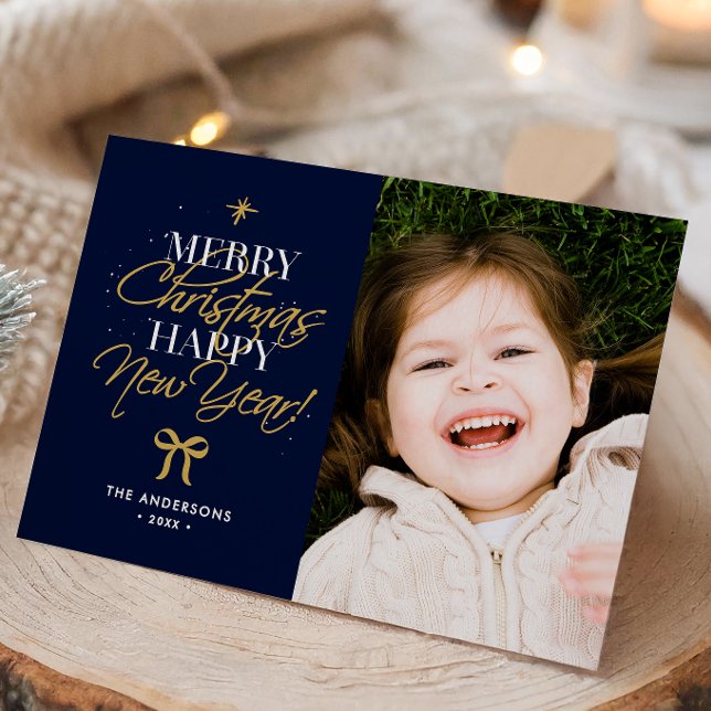Merry Christmas Happy New Year Family Name & Photo Holiday Card (Creator Uploaded)