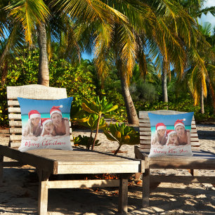 Merry Christmas Happy New Year Family Photo Red Cushion