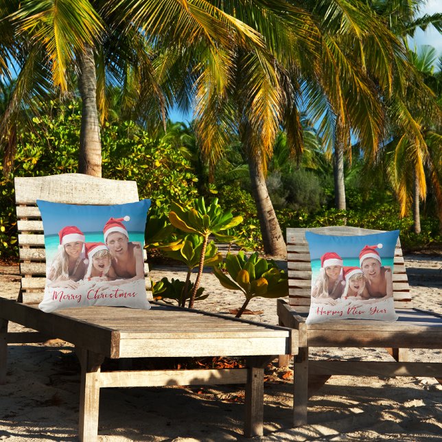 Merry Christmas Happy New Year Family Photo Red Cushion (Beach - Front And Back)