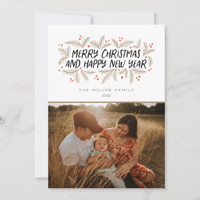Merry Christmas Happy New Year Floral Holiday Card (Front)