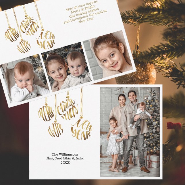 Merry Christmas Happy New Year Four Photo Gold  Holiday Card (Faux gold foil typography ornaments - personalized with four photos and your signature.  )