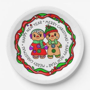 Merry Christmas Happy New Year Gingerbread Man Paper Plate